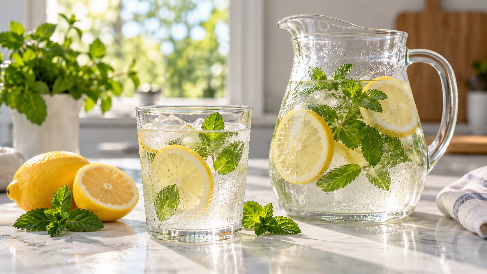 Jarra y vaso de agua con limón y menta Jarra y vaso de agua con limón para mantenerse hidratado