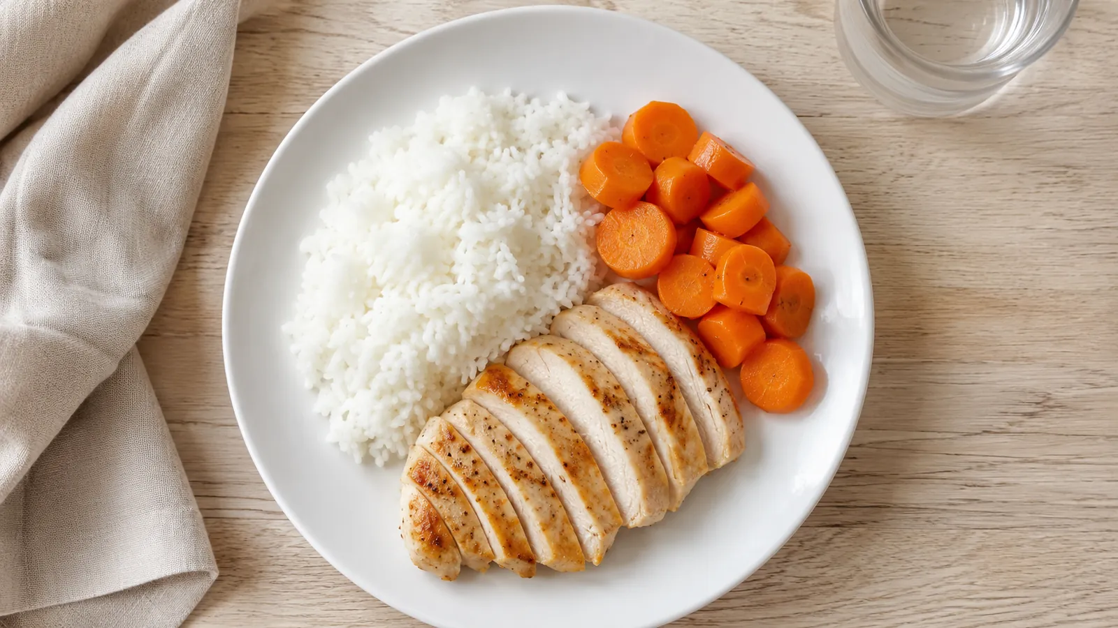 lyma-dieta-blanda Plato de dieta blanda con arroz blanco, pollo a la plancha y zanahoria cocida