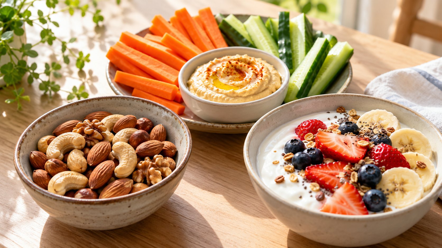 Snacks saludables: frutos secos, hummus con verduras y yogur con fruta Snacks saludables: frutos secos, verduras con hummus y yogur con fruta